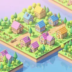 Imagen 4 Fast — An isometric low-poly village with tiny houses, tr