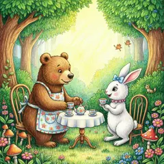 Imagen 4 Fast — A children's book illustration of a bear and a rab