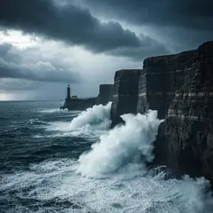 Imagen 4 Fast — A coastal cliff with crashing waves below, lightho