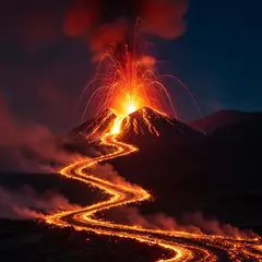 Imagen 4 Fast — A volcano erupting at night with lava flowing down