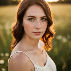 Imagen 4 Fast — A young woman with freckles and green eyes, golden