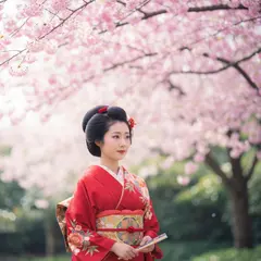 Imagen 4 Fast — A Japanese woman in a red kimono standing under ch