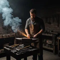 Imagen 4 Fast — A bearded blacksmith in a dark workshop, sparks fl