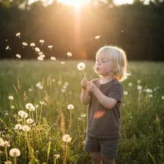Imagen 4 Fast — A child blowing dandelion seeds in a sunlit meadow