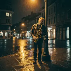 Imagen 4 Fast — A street musician playing saxophone under a lamppo