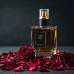 Imagen 4 Fast — A bottle of amber perfume on a bed of dried roses,