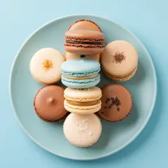 Imagen 4 Fast — A stack of colorful macarons on a pastel blue plat