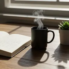 Imagen 4 Fast — A matte black coffee mug with steam rising, placed