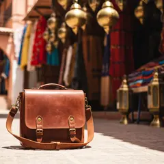 Imagen 4 Fast — A leather messenger bag on a sun-dappled step in a