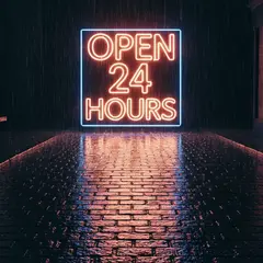 Imagen 4 Fast — A glowing neon sign reading OPEN 24 HOURS in a dar