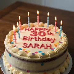 Imagen 4 Fast — A birthday cake with HAPPY 30TH BIRTHDAY SARAH wri
