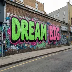 Imagen 4 Fast — A graffiti mural on a brick wall spelling DREAM BI