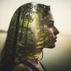Imagen 4 Ultra — A double exposure photograph combining a forest wi