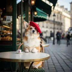 Imagen 4 Ultra — A corgi wearing a red beret sitting in a Parisian 