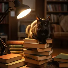 Imagen 4 Ultra — A black cat sitting on a stack of old books in a c