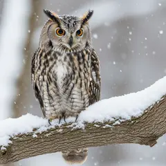Imagen 4 Ultra — An owl perched on a snow-covered branch, intense a