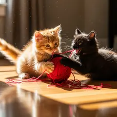 Imagen 4 Ultra — Two kittens playing with a ball of red yarn on a h