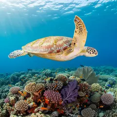 Imagen 4 Ultra — A giant sea turtle swimming over a coral reef, und