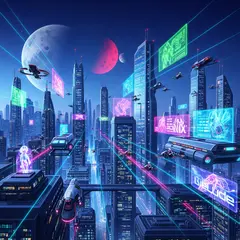Imagen 4 Ultra — A futuristic city skyline with flying vehicles, sl