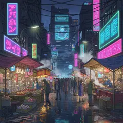 Imagen 4 Ultra — A cyberpunk street market in Tokyo, anime style, n