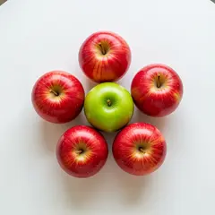 Imagen 4 Ultra — Five red apples arranged in a circle on a white ta