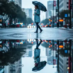 Imagen 4 Ultra — A woman holding an umbrella in the rain, reflected
