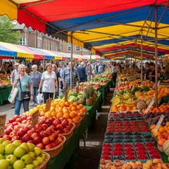 Imagen 4 Ultra — A busy farmer's market scene with at least six dif