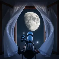 Imagen 4 Ultra — A telescope pointing at the moon through an open w