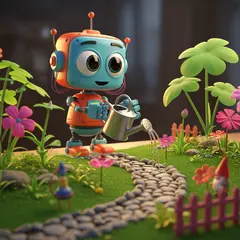 Imagen 4 Ultra — A 3D render of a cute robot watering plants in a m