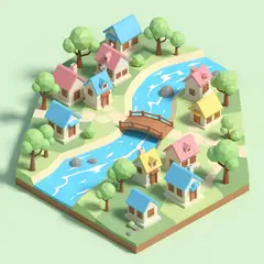 Imagen 4 Ultra — An isometric low-poly village with tiny houses, tr