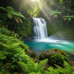 Imagen 4 Ultra — A waterfall cascading into a tropical pool surroun