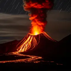 Imagen 4 Ultra — A volcano erupting at night with lava flowing down