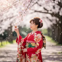 Imagen 4 Ultra — A Japanese woman in a red kimono standing under ch