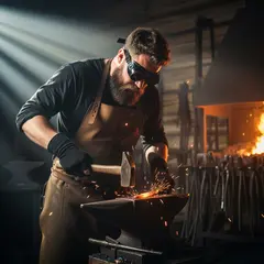 Imagen 4 Ultra — A bearded blacksmith in a dark workshop, sparks fl