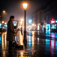 Imagen 4 Ultra — A street musician playing saxophone under a lamppo