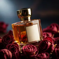 Imagen 4 Ultra — A bottle of amber perfume on a bed of dried roses,