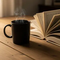 Imagen 4 Ultra — A matte black coffee mug with steam rising, placed