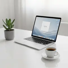Imagen 4 Ultra — A sleek laptop on a clean white desk with a potted