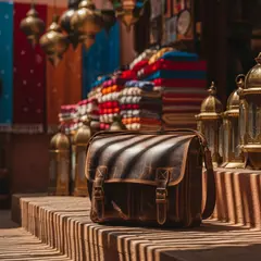 Imagen 4 Ultra — A leather messenger bag on a sun-dappled step in a