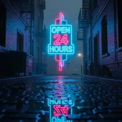 Imagen 4 Ultra — A glowing neon sign reading OPEN 24 HOURS in a dar