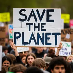 Imagen 4 Ultra — A protest sign held up in a crowd reading SAVE THE