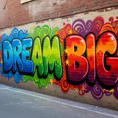 Imagen 4 Ultra — A graffiti mural on a brick wall spelling DREAM BI