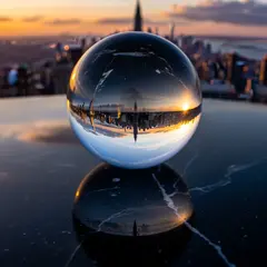 Imagen 4 — A glass sphere refracting a distorted cityscape, s