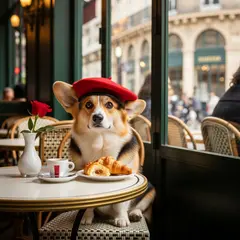 Imagen 4 — A corgi wearing a red beret sitting in a Parisian 