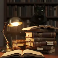 Imagen 4 — A black cat sitting on a stack of old books in a c