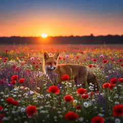 Imagen 4 — A fox in a field of wildflowers, backlit by sunset