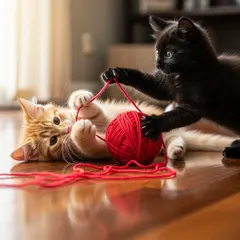 Imagen 4 — Two kittens playing with a ball of red yarn on a h