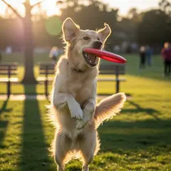 Imagen 4 — A golden retriever catching a frisbee in mid-air a
