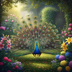 Imagen 4 — A peacock displaying its full tail feathers, vibra