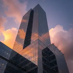 Imagen 4 — A modern glass skyscraper reflecting clouds at sun